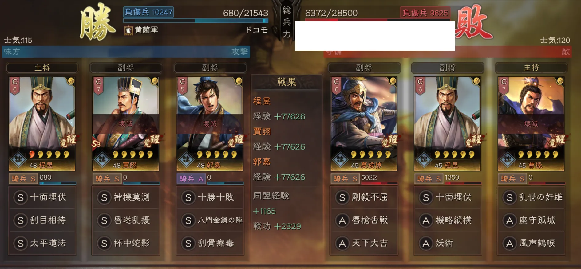五謀臣編成:対騎兵戦歴
